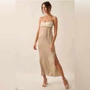 Promesa Luxe satin piping trim halter dress